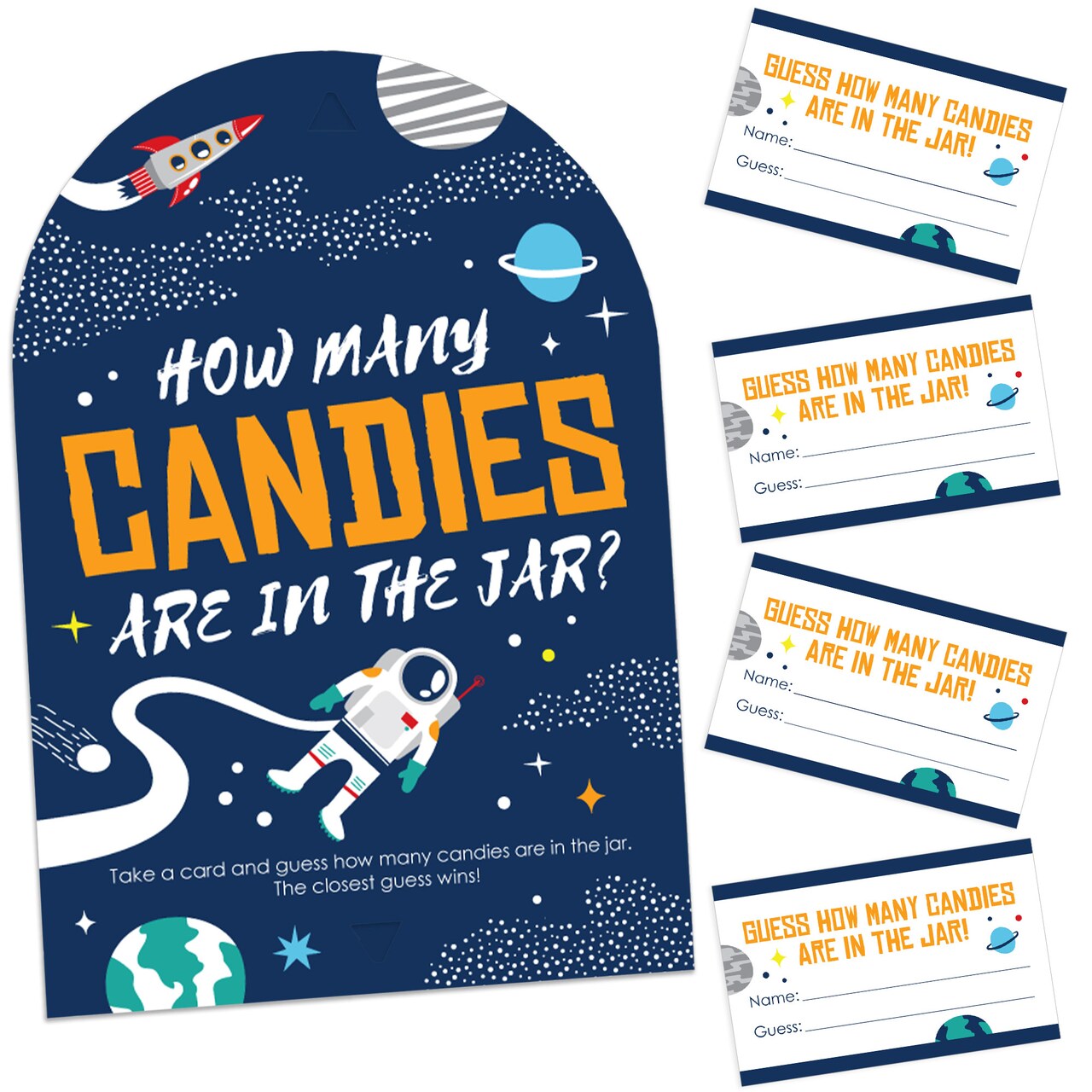 Big Dot of Happiness Blast Off to Outer Space How Many Candies Rocket Ship Baby Shower or Birthday Party Game 1 Stand and 40 Cards Candy Guessing Game